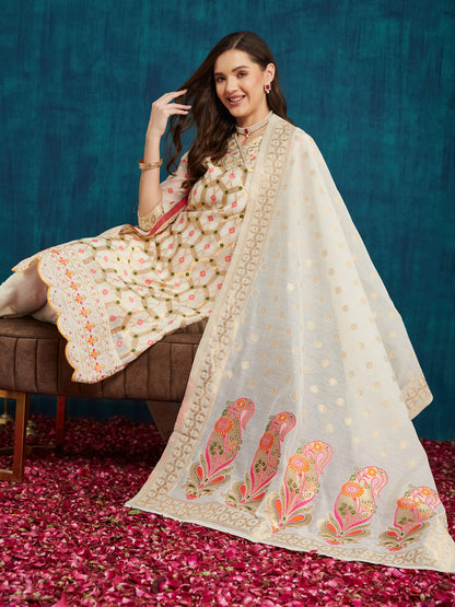 Dhiyona RV Women's Cotton Chanderi Fabric Jacquard Print Kurta Set With Dupatta