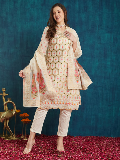 Dhiyona RV Women's Cotton Chanderi Fabric Jacquard Print Kurta Set With Dupatta