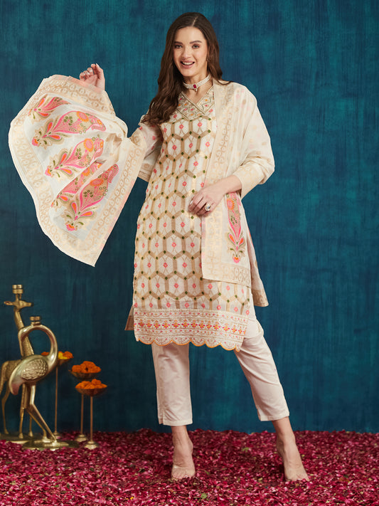 Dhiyona RV Women's Cotton Chanderi Fabric Jacquard Print Kurta Set With Dupatta