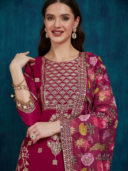 Dhiyona RV Women's Faux Georgette Fabric Zari Sequence embroidery Work Kurtaset With Dupatta