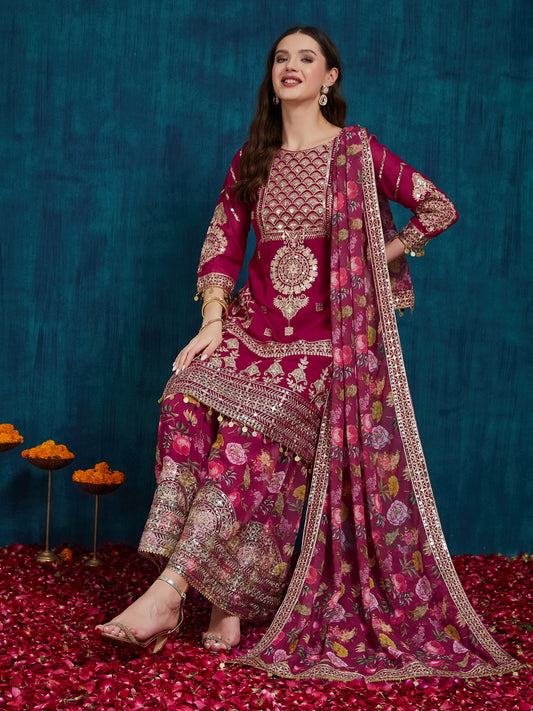 Dhiyona RV Women's Faux Georgette Fabric Zari Sequence embroidery Work Kurtaset With Dupatta