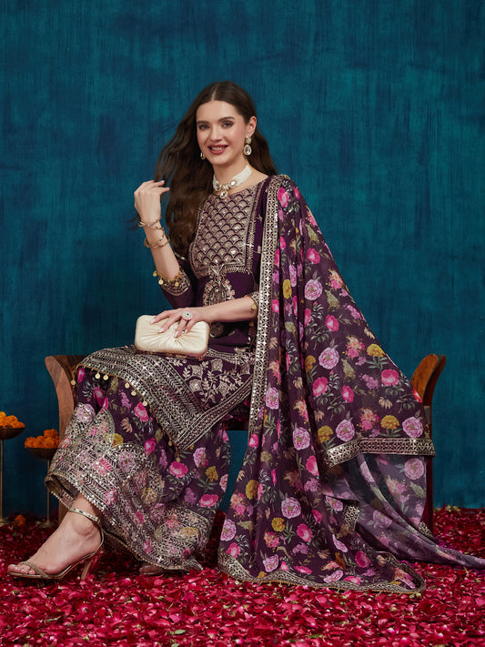 Dhiyona RV Women's Faux Georgette Fabric Zari Sequence embroidery Work Kurtaset With Dupatta