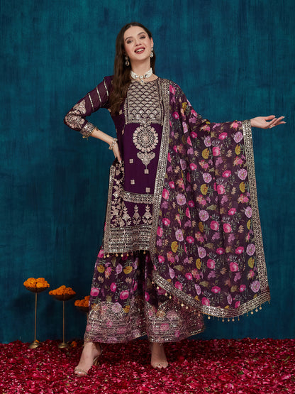 Dhiyona RV Women's Faux Georgette Fabric Zari Sequence embroidery Work Kurtaset With Dupatta
