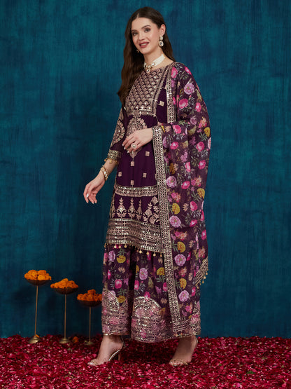 Dhiyona RV Women's Faux Georgette Fabric Zari Sequence embroidery Work Kurtaset With Dupatta