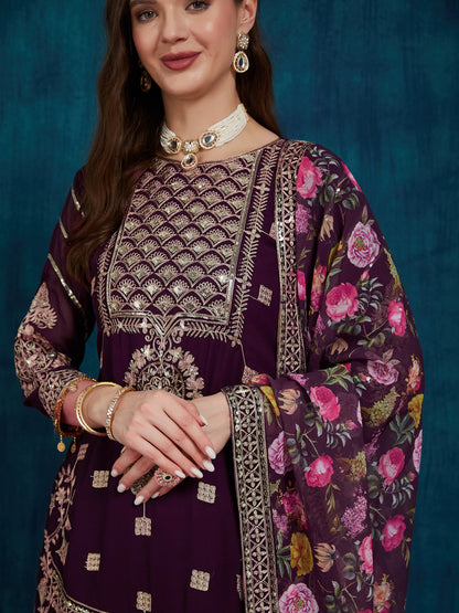 Dhiyona RV Women's Faux Georgette Fabric Zari Sequence embroidery Work Kurtaset With Dupatta