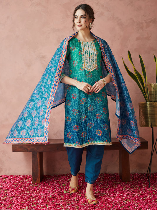 Dhiyona RV Women's Exclusive Pure Silk Fabric Bandhej Print Straight Kurtaset With Dupatta.