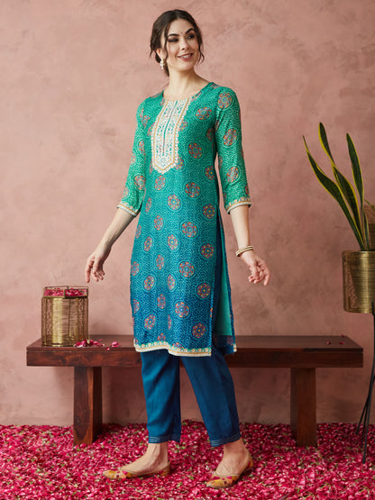 Dhiyona RV Women's Exclusive Pure Silk Fabric Bandhej Print Straight Kurtaset With Dupatta.
