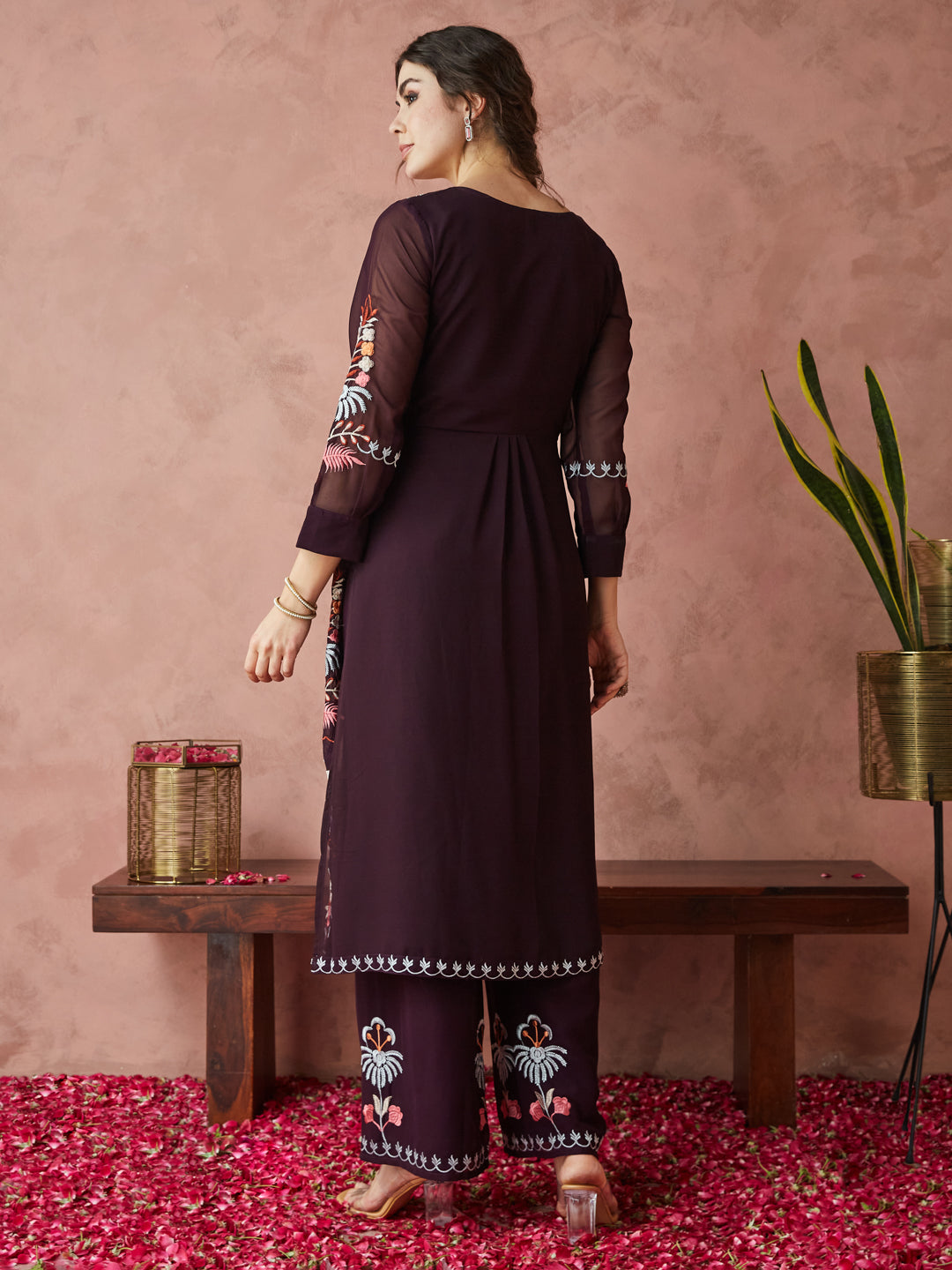 Dhiyona RV Women's Faux Georgette Fabric Thread Embroidery Kurta set With Dupatta