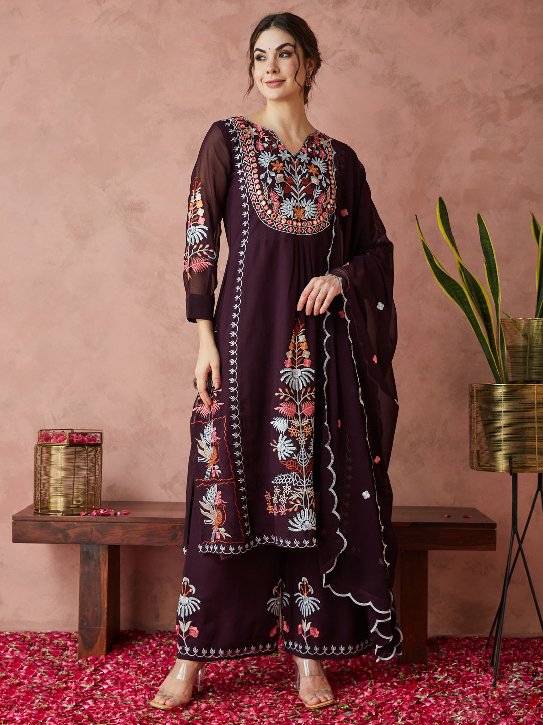 Dhiyona RV Women's Faux Georgette Fabric Thread Embroidery Kurta set With Dupatta