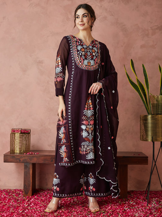 Dhiyona RV Women's Faux Georgette Fabric Thread Embroidery Kurta set With Dupatta