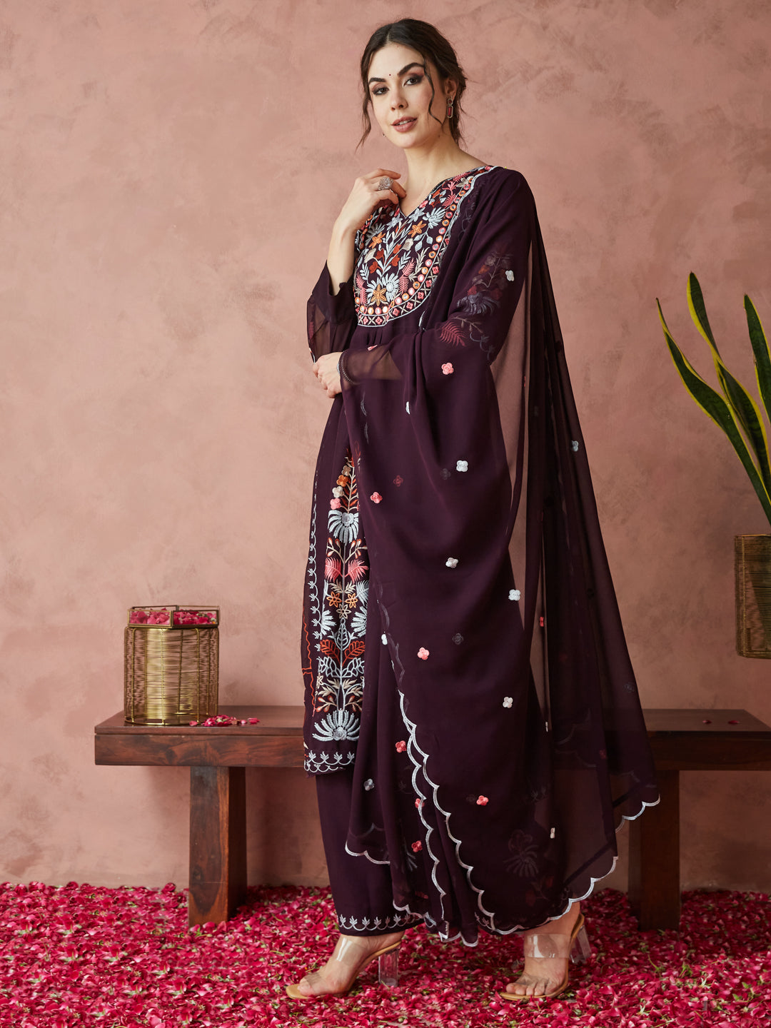 Dhiyona RV Women's Faux Georgette Fabric Thread Embroidery Kurta set With Dupatta