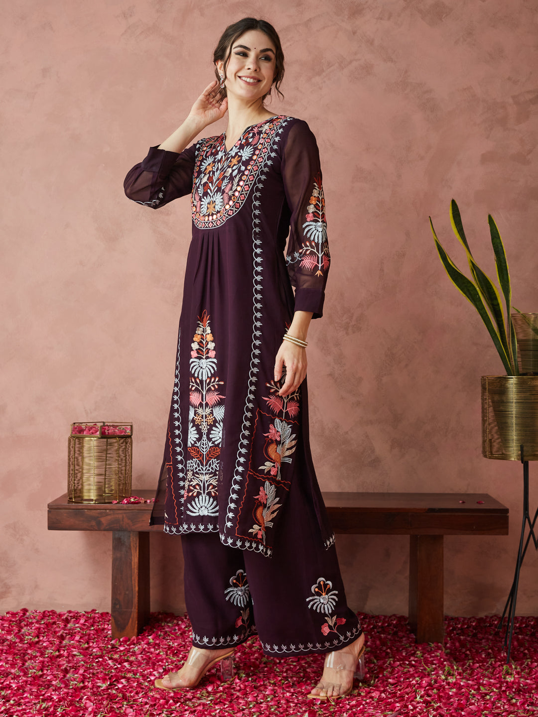 Dhiyona RV Women's Faux Georgette Fabric Thread Embroidery Kurta set With Dupatta