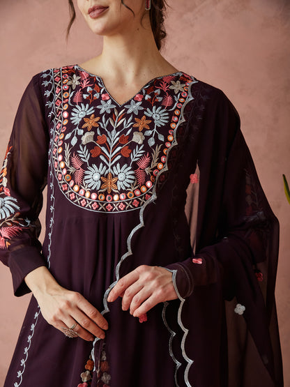 Dhiyona RV Women's Faux Georgette Fabric Thread Embroidery Kurta set With Dupatta