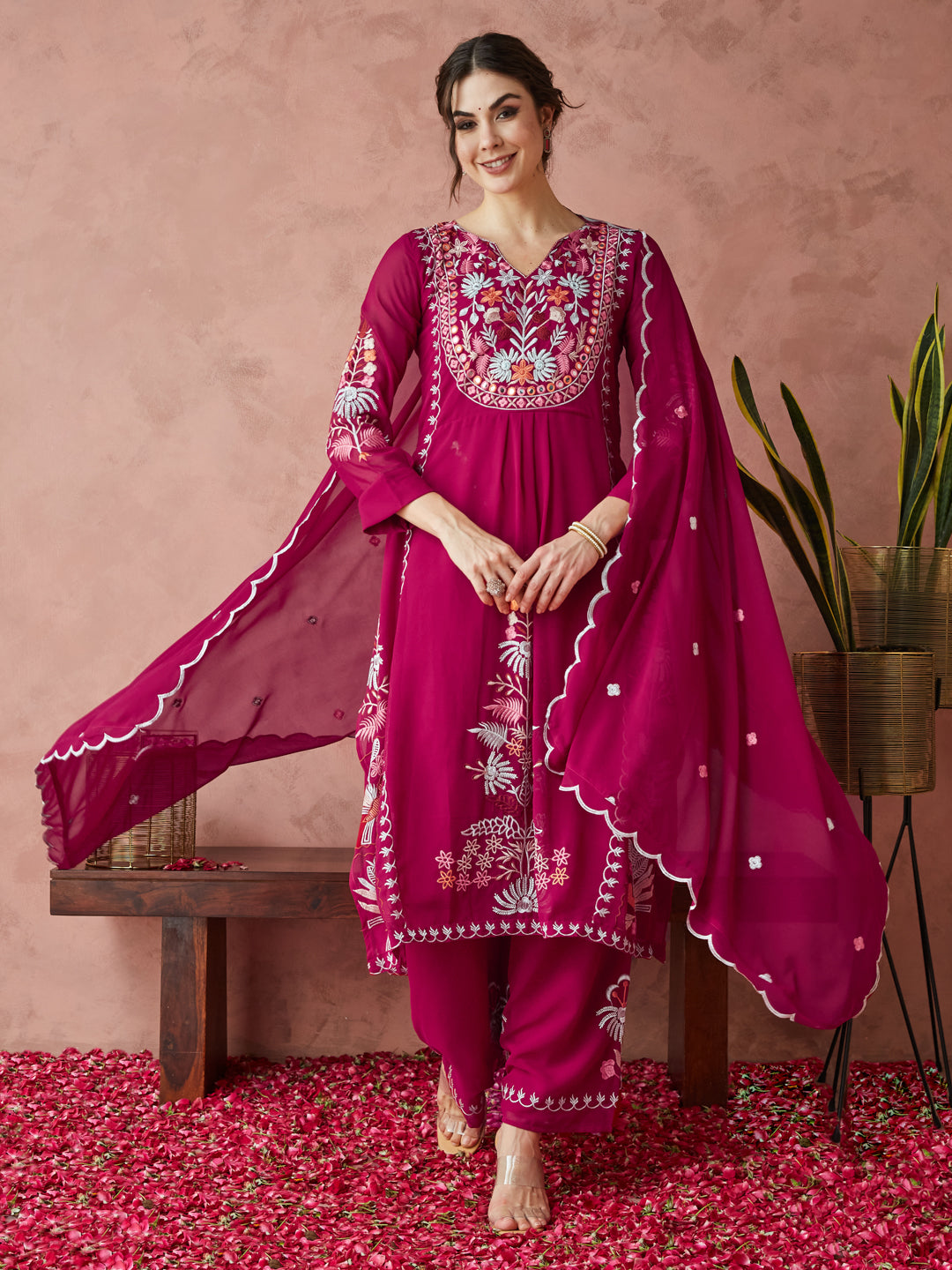 Dhiyona RV Women's Faux Georgette Fabric Thread Embroidery Kurta set With Dupatta
