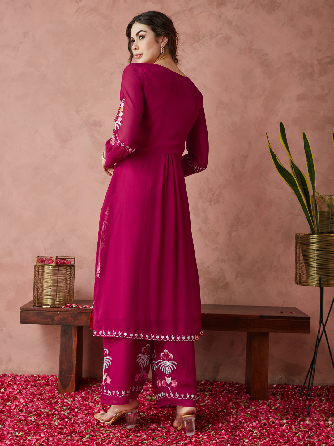 Dhiyona RV Women's Faux Georgette Fabric Thread Embroidery Kurta set With Dupatta