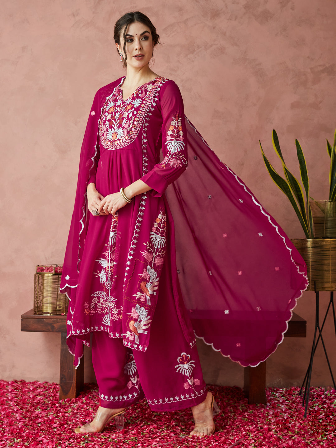 Dhiyona RV Women's Faux Georgette Fabric Thread Embroidery Kurta set With Dupatta