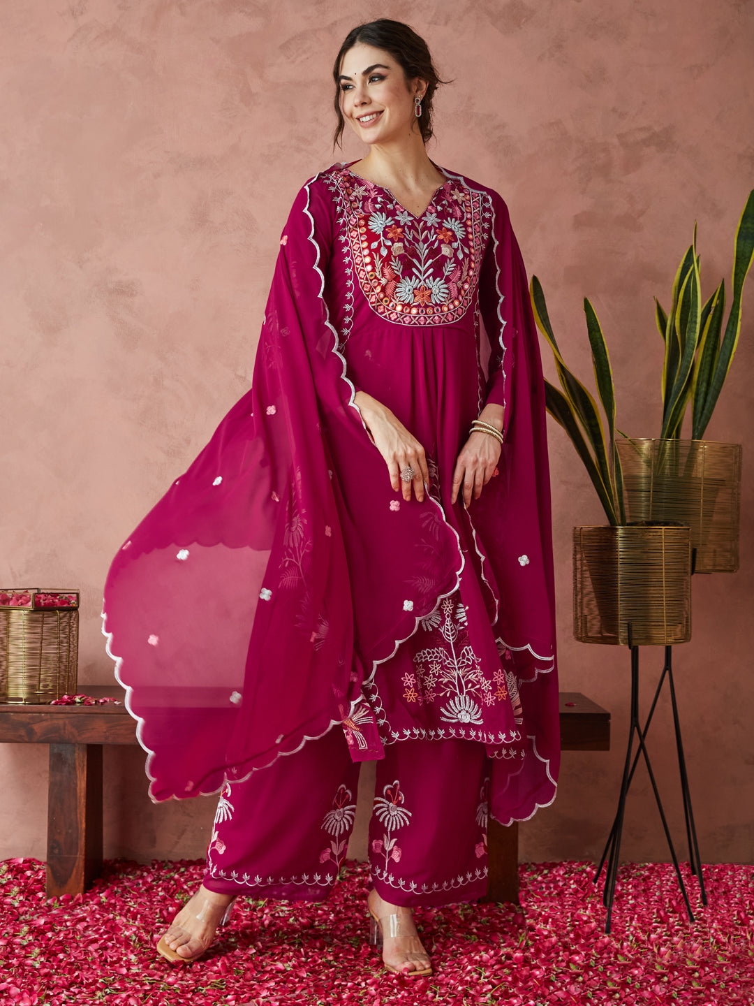 Dhiyona RV Women's Faux Georgette Fabric Thread Embroidery Kurta set With Dupatta