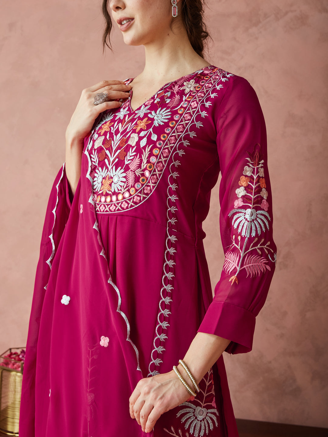 Dhiyona RV Women's Faux Georgette Fabric Thread Embroidery Kurta set With Dupatta