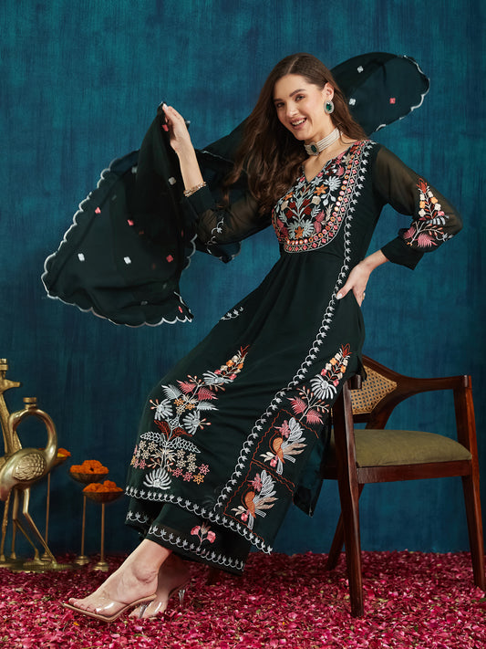 Dhiyona RV Women's Faux Georgette Fabric Thread Embroidery Kurta set With Dupatta