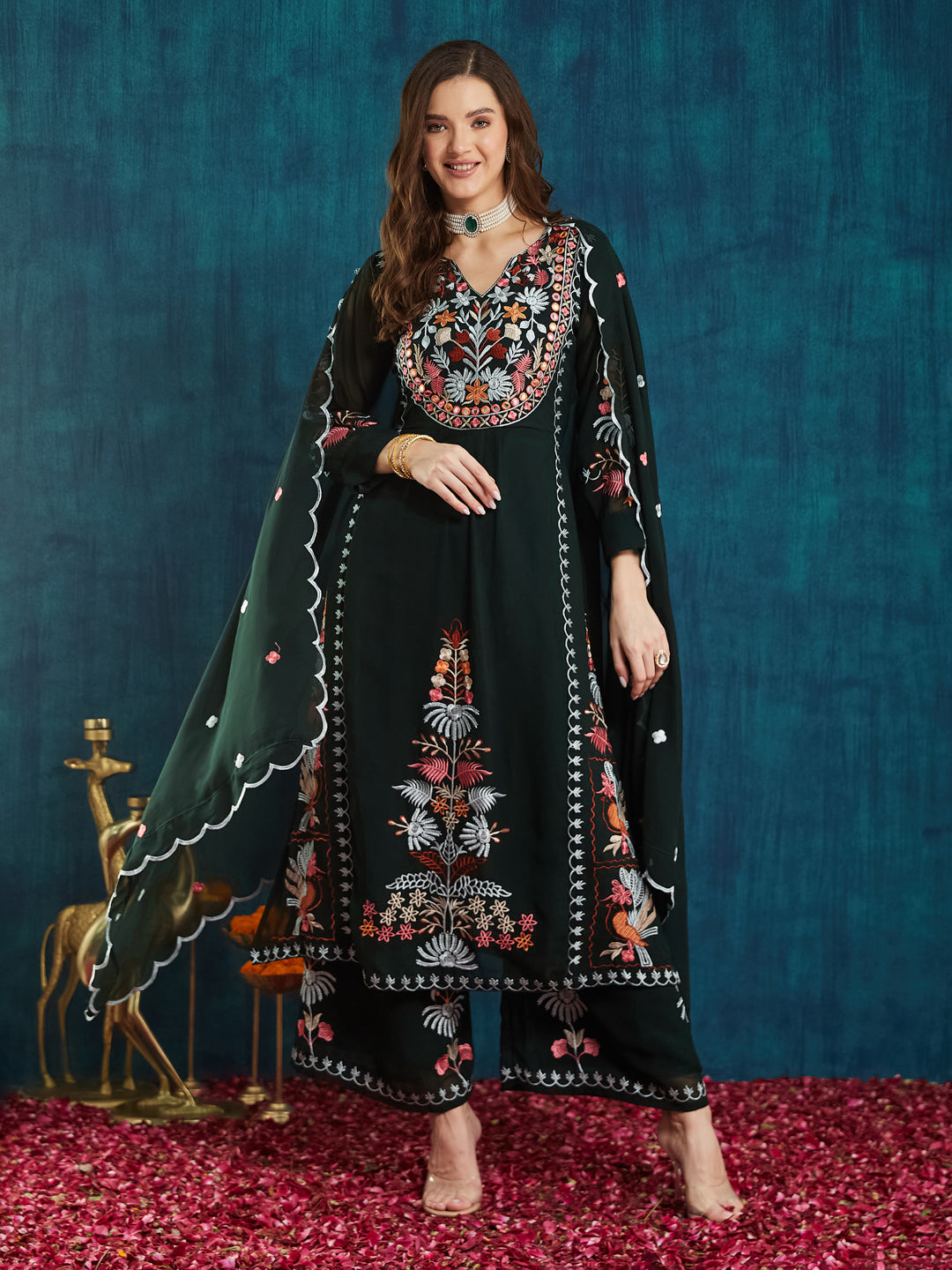 Dhiyona RV Women's Faux Georgette Fabric Thread Embroidery Kurta set With Dupatta
