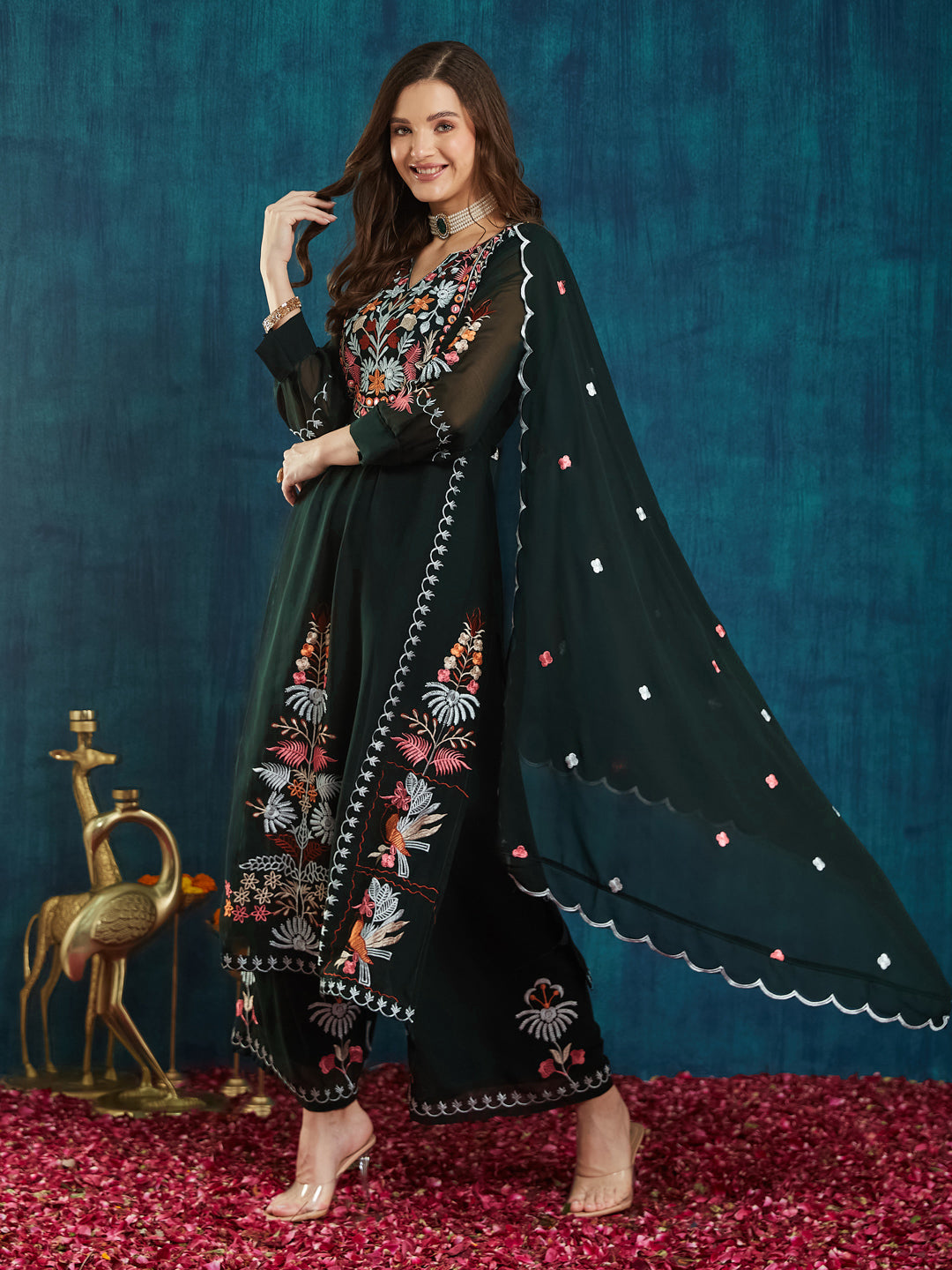Dhiyona RV Women's Faux Georgette Fabric Thread Embroidery Kurta set With Dupatta