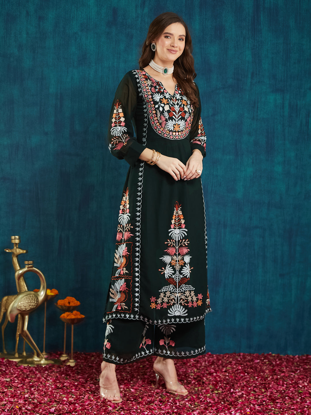 Dhiyona RV Women's Faux Georgette Fabric Thread Embroidery Kurta set With Dupatta