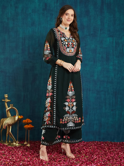 Dhiyona RV Women's Faux Georgette Fabric Thread Embroidery Kurta set With Dupatta