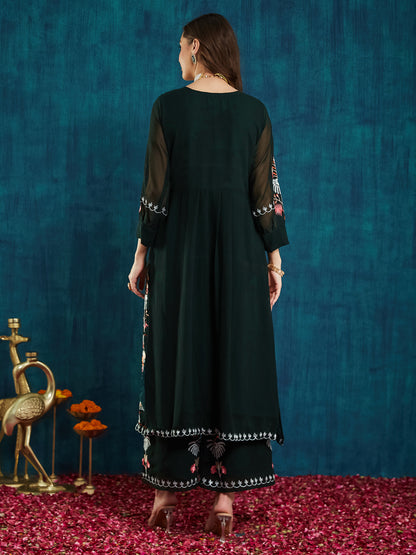 Dhiyona RV Women's Faux Georgette Fabric Thread Embroidery Kurta set With Dupatta