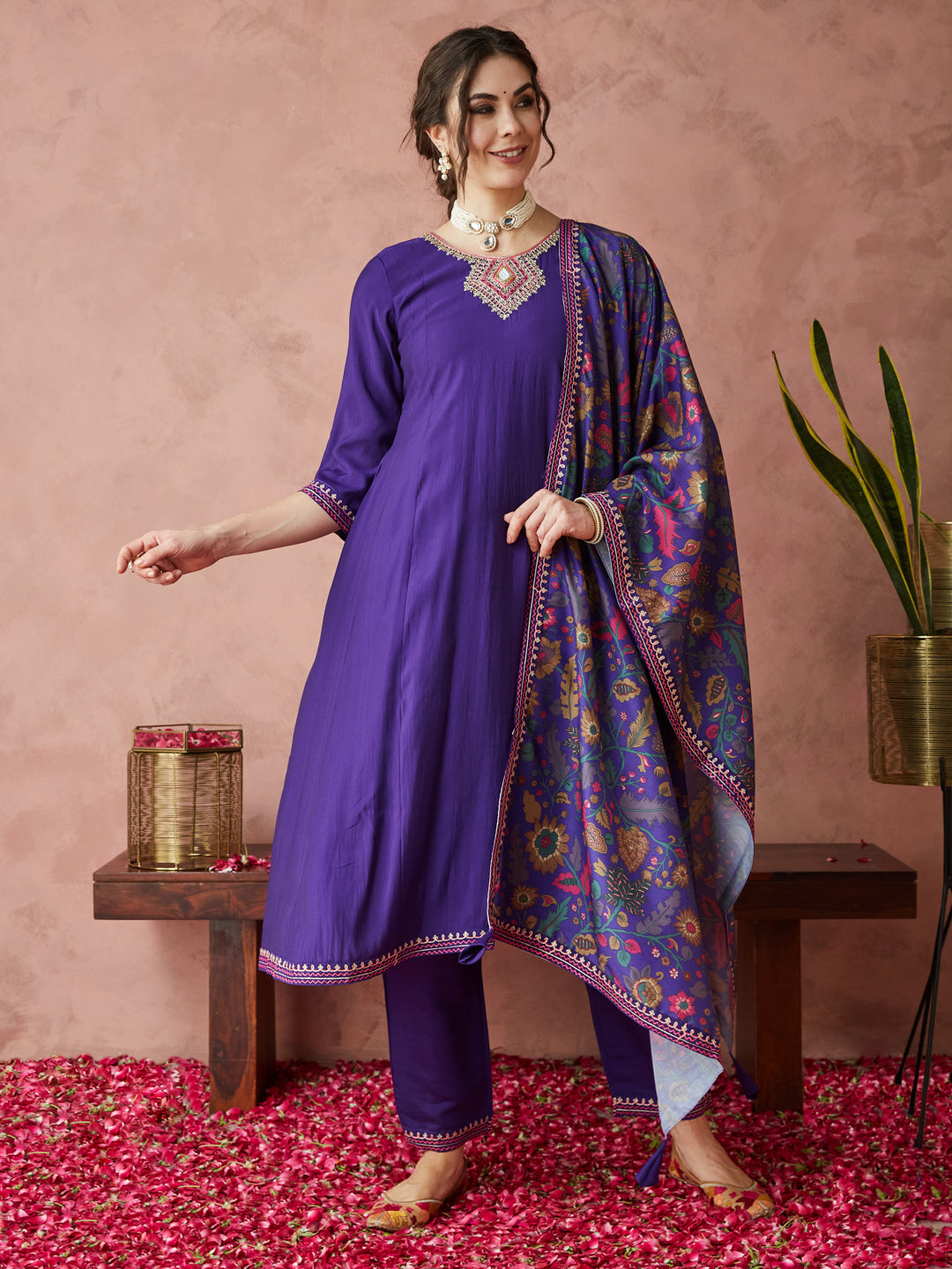 Dhiyona RV Women's Exclusive Roman Silk Fabric Hand Work Neckline Solid Print Anarkali Kurtaset With Dupatta.