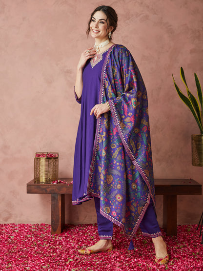 Dhiyona RV Women's Exclusive Roman Silk Fabric Hand Work Neckline Solid Print Anarkali Kurtaset With Dupatta.