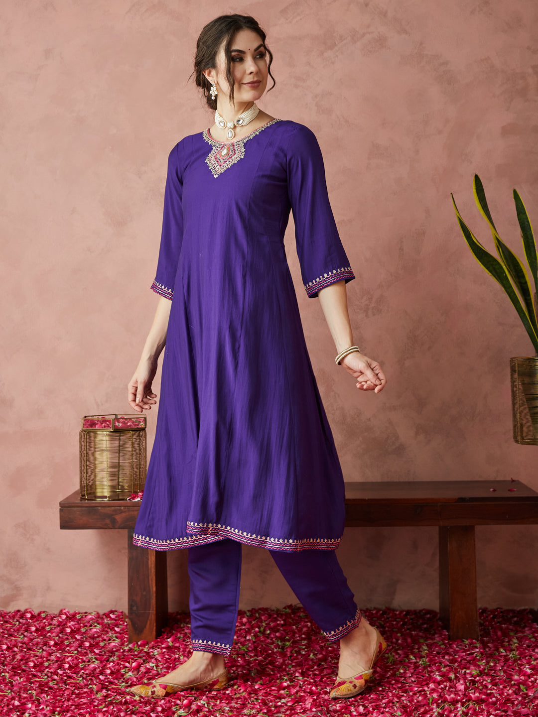 Dhiyona RV Women's Exclusive Roman Silk Fabric Hand Work Neckline Solid Print Anarkali Kurtaset With Dupatta.