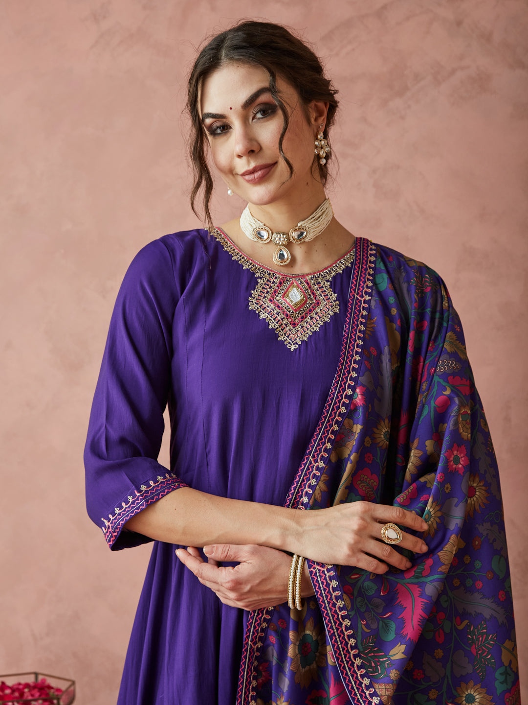 Dhiyona RV Women's Exclusive Roman Silk Fabric Hand Work Neckline Solid Print Anarkali Kurtaset With Dupatta.