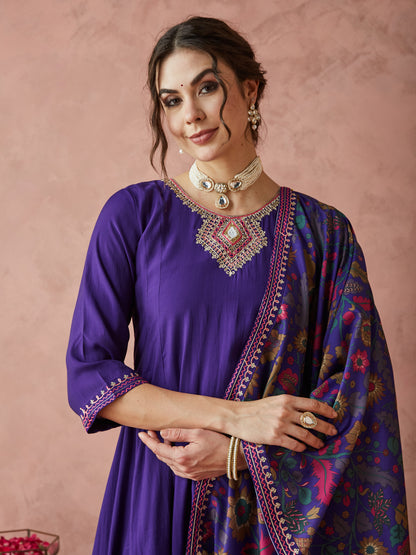 Dhiyona RV Women's Exclusive Roman Silk Fabric Hand Work Neckline Solid Print Anarkali Kurtaset With Dupatta.
