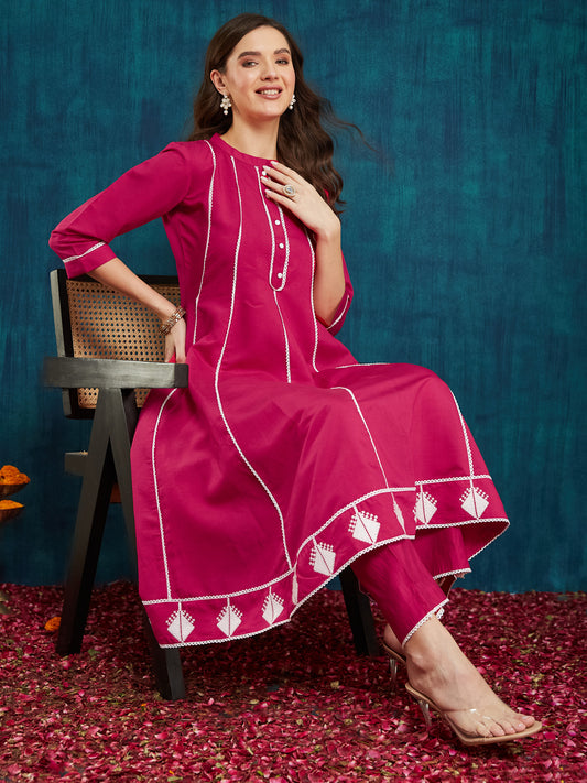 Dhiyona RV Women's Roman Silk Cross-Stitch Embroidered Flared Kurti with Pants