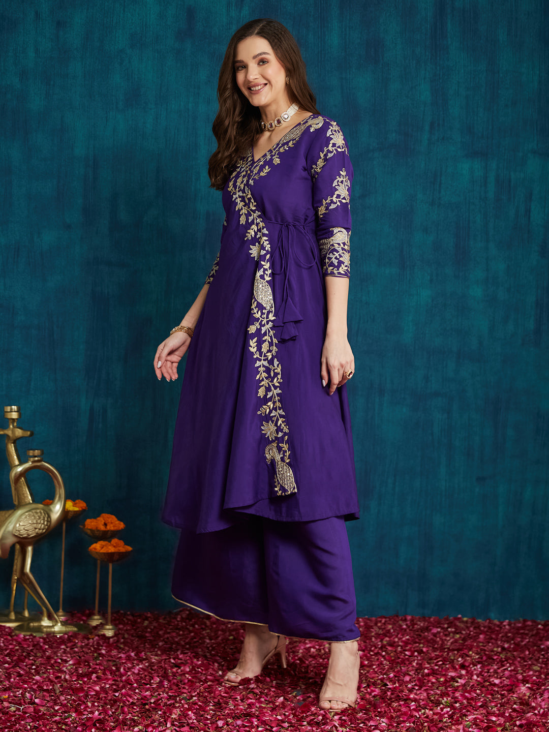 Dhiyona RV Women's Elegant Angrakha Style Anarkali Kurti Set with Embroidered Dupatta