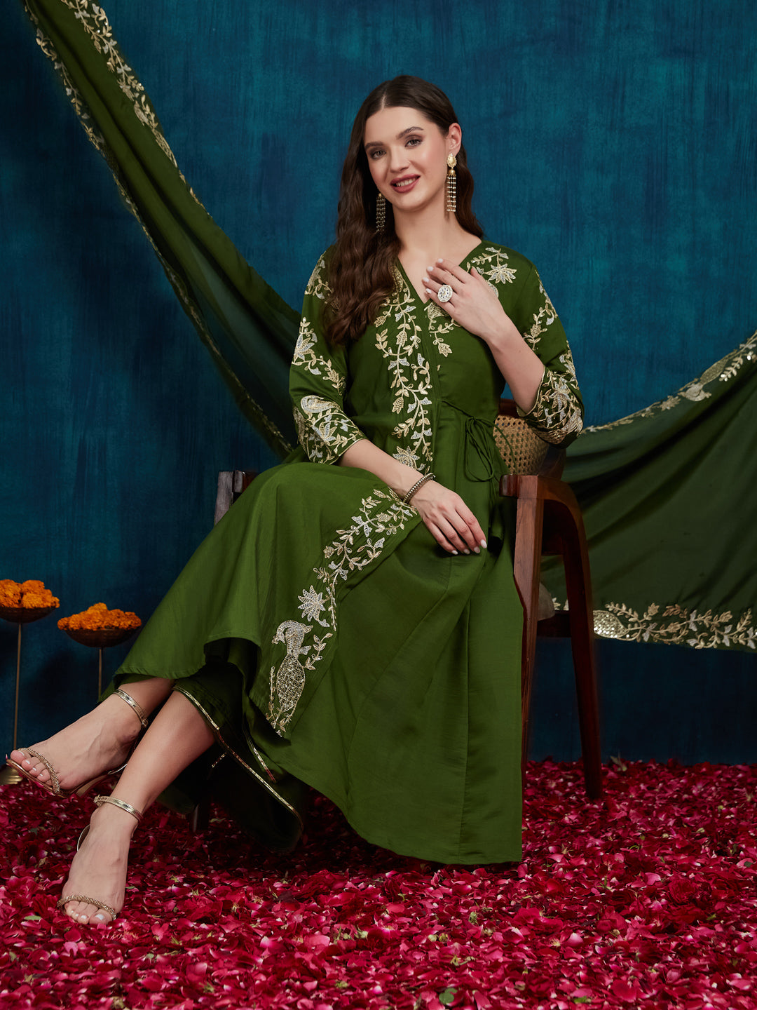 Dhiyona RV Women's Elegant Angrakha Style Anarkali Kurti Set with Embroidered Dupatta
