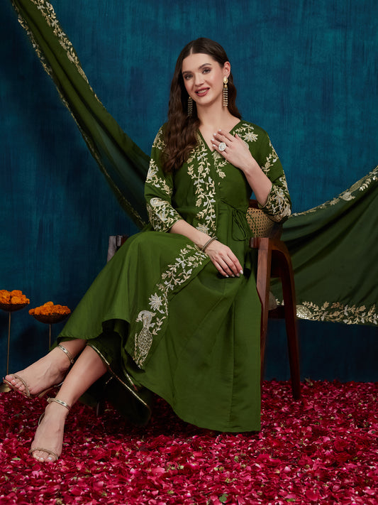 Dhiyona RV Women's Elegant Angrakha Style Anarkali Kurti Set with Embroidered Dupatta