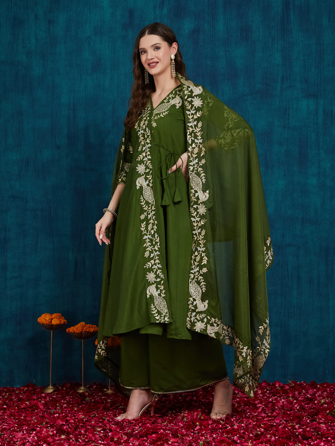 Dhiyona RV Women's Elegant Angrakha Style Anarkali Kurti Set with Embroidered Dupatta