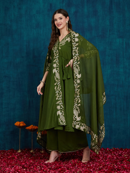 Dhiyona RV Women's Elegant Angrakha Style Anarkali Kurti Set with Embroidered Dupatta