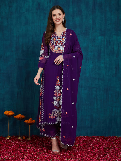 Dhiyona RV Women's Faux Georgette Fabric Thread Embroidery Kurta set With Dupatta