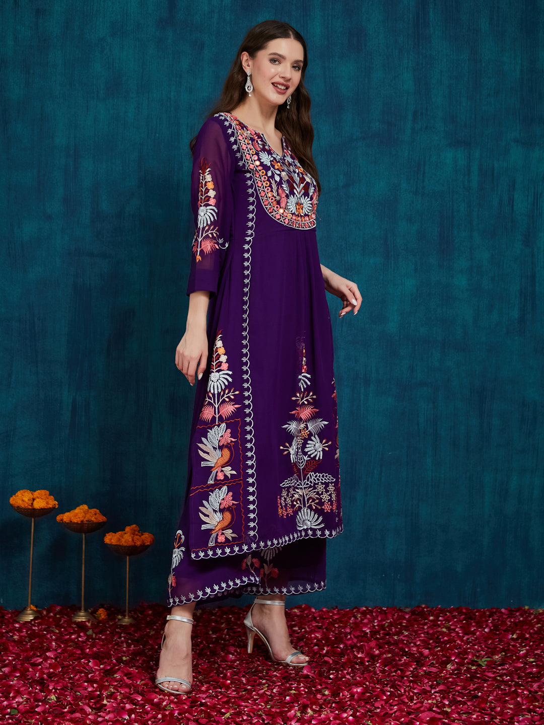 Dhiyona RV Women's Faux Georgette Fabric Thread Embroidery Kurta set With Dupatta