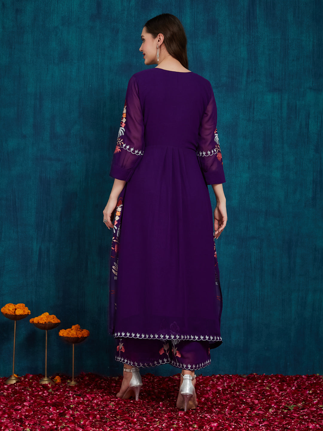 Dhiyona RV Women's Faux Georgette Fabric Thread Embroidery Kurta set With Dupatta