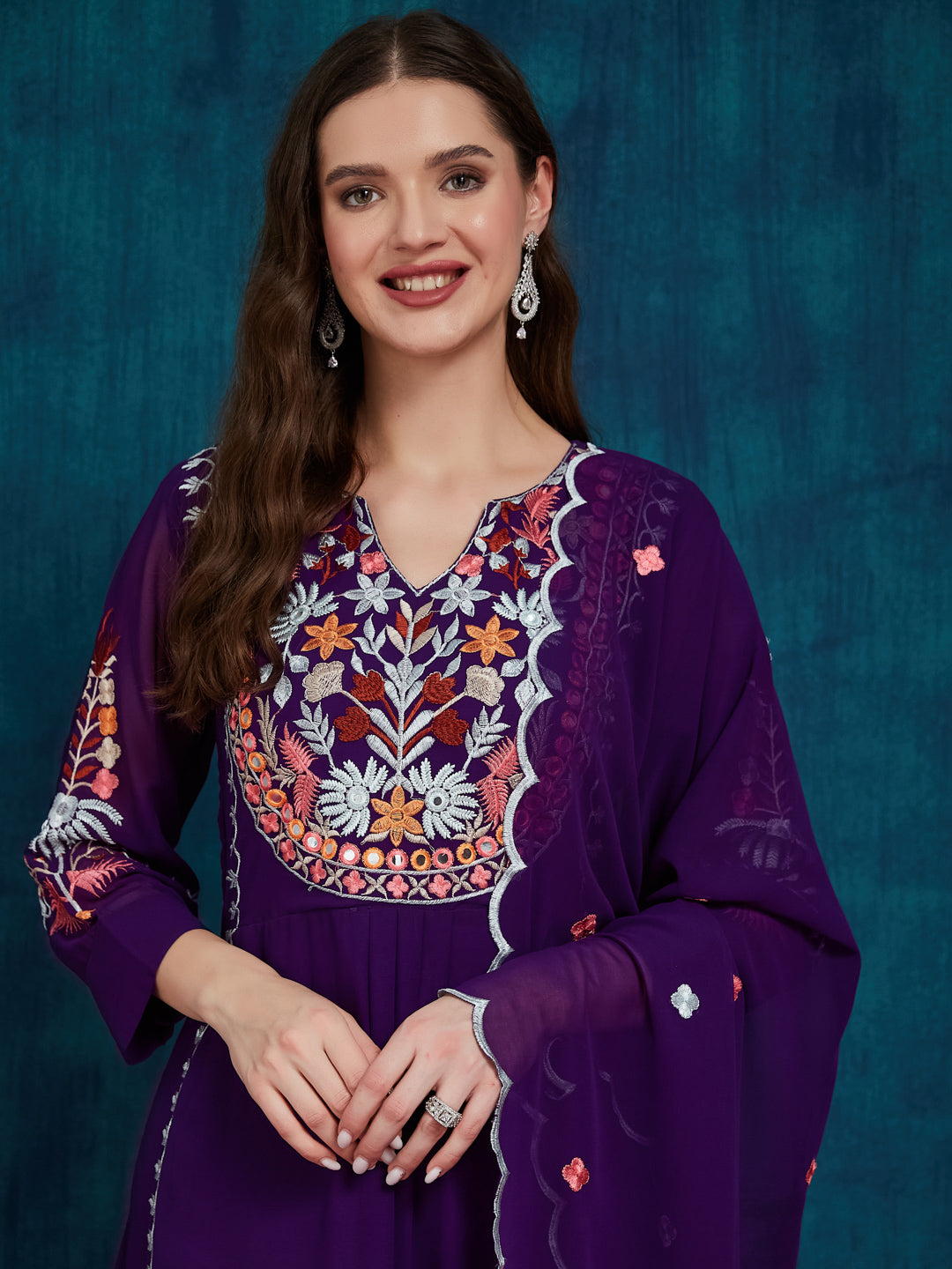 Dhiyona RV Women's Faux Georgette Fabric Thread Embroidery Kurta set With Dupatta