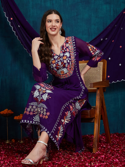 Dhiyona RV Women's Faux Georgette Fabric Thread Embroidery Kurta set With Dupatta