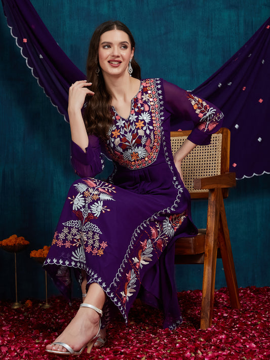 Dhiyona RV Women's Faux Georgette Fabric Thread Embroidery Kurta set With Dupatta
