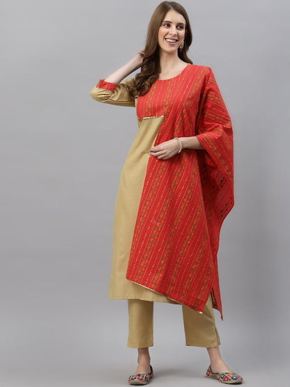 Dhiyona RV Women's Cotton Gotapatti Lace Design Straight Side Slit Kurta Set With Duppata