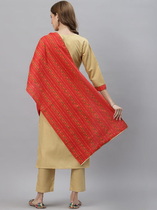 Dhiyona RV Women's Cotton Gotapatti Lace Design Straight Side Slit Kurta Set With Duppata