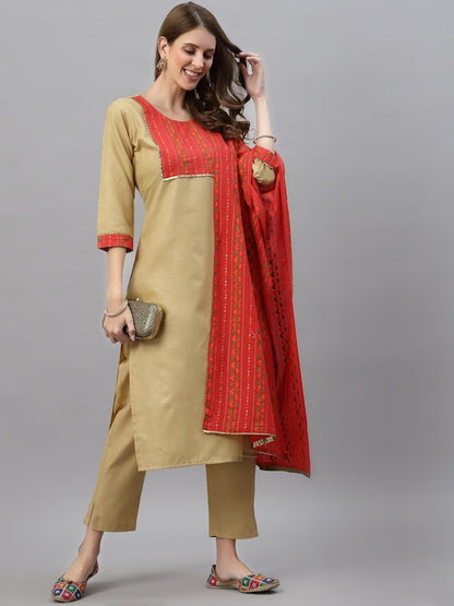 Dhiyona RV Women's Cotton Gotapatti Lace Design Straight Side Slit Kurta Set With Duppata