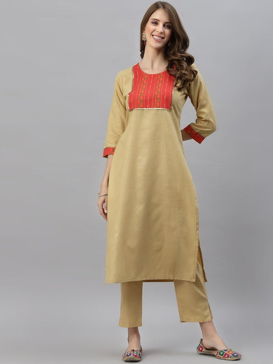 Dhiyona RV Women's Cotton Gotapatti Lace Design Straight Side Slit Kurta Set With Duppata