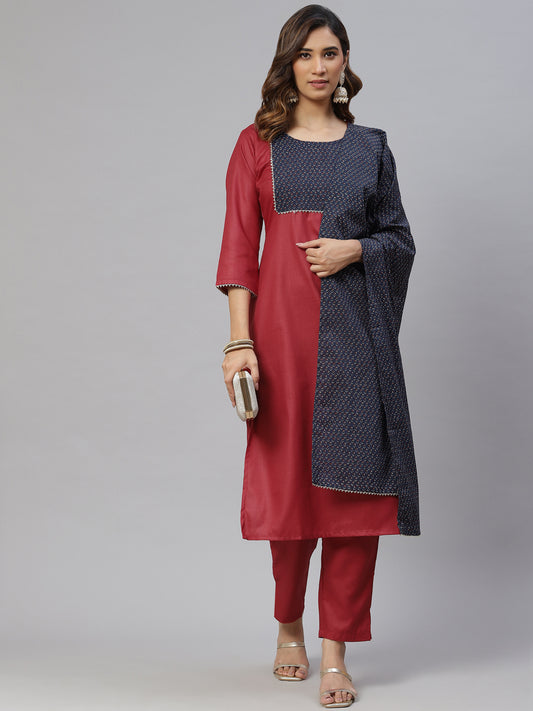 Dhiyona RV Women's Cotton Straight Side Slit Gottapatti Kurta Pant Set With Duppata